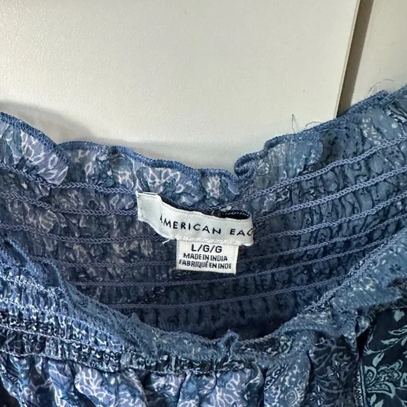 American Eagle Paisley Off the Shoulder Blue Women's Top - Picture 2 of 4